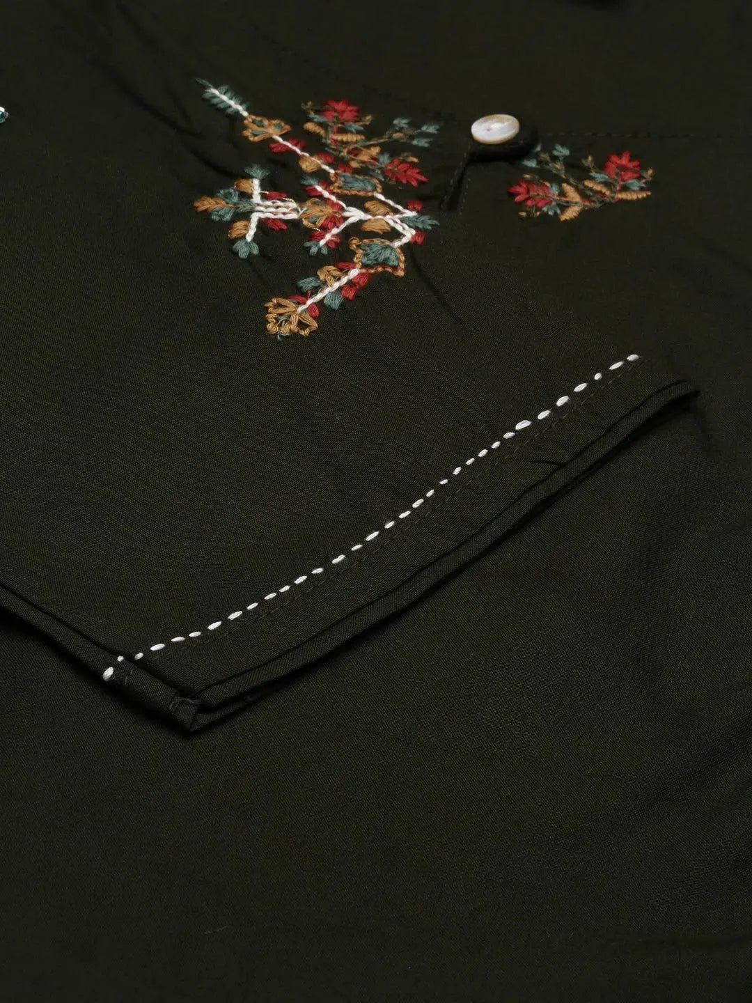 Olive Embroidered Cotton Indian Kurta for Women - DesiQlo