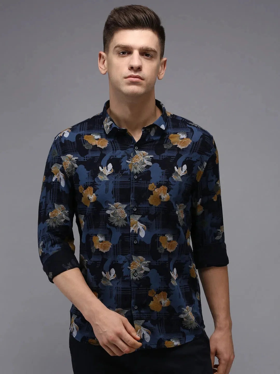 Navy Blue Printed Mens Shirt | DesiQlo Cotton Casual Shirt