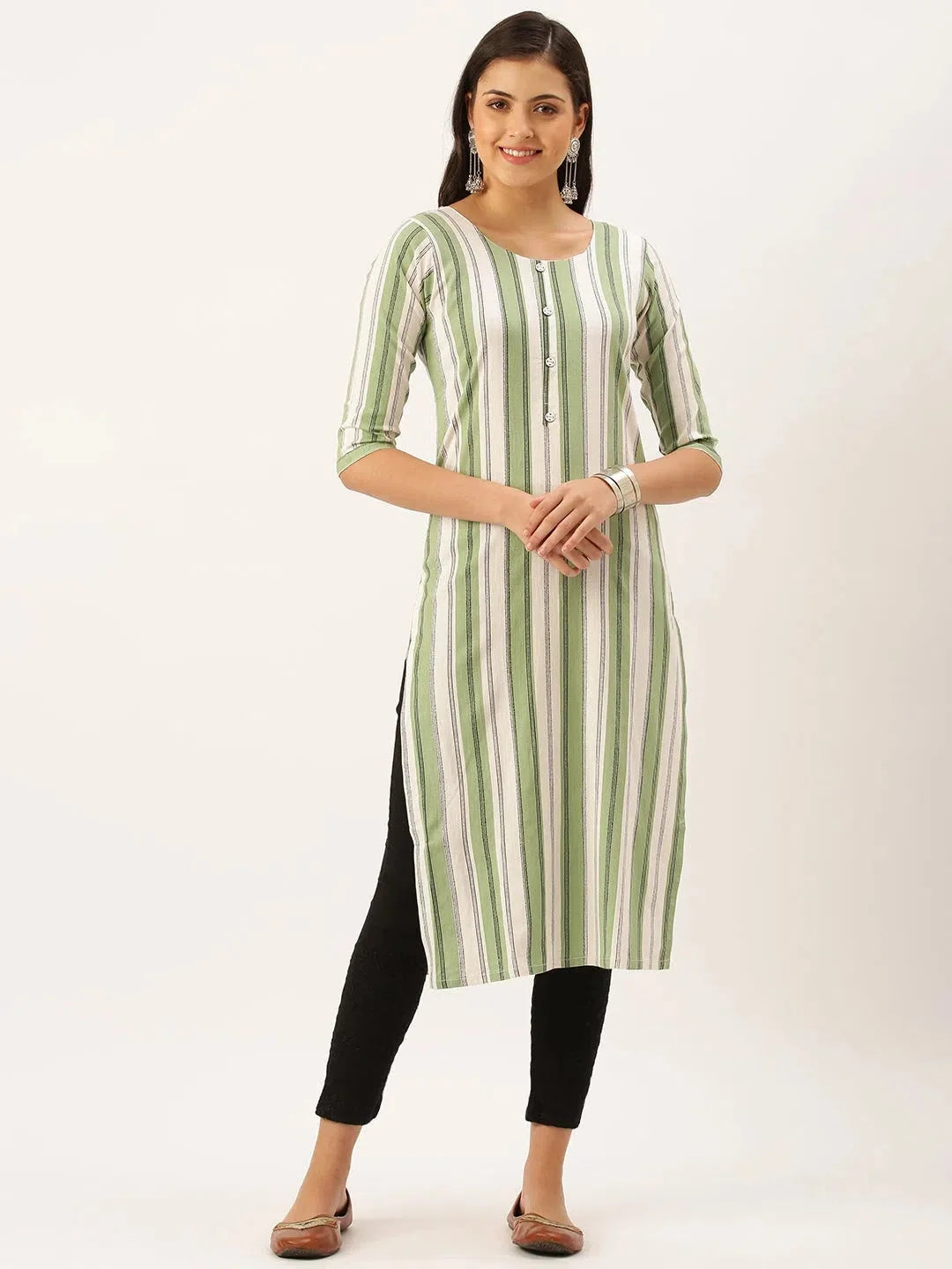 Green Striped Cotton Short Kurti for Women | DesiQlo