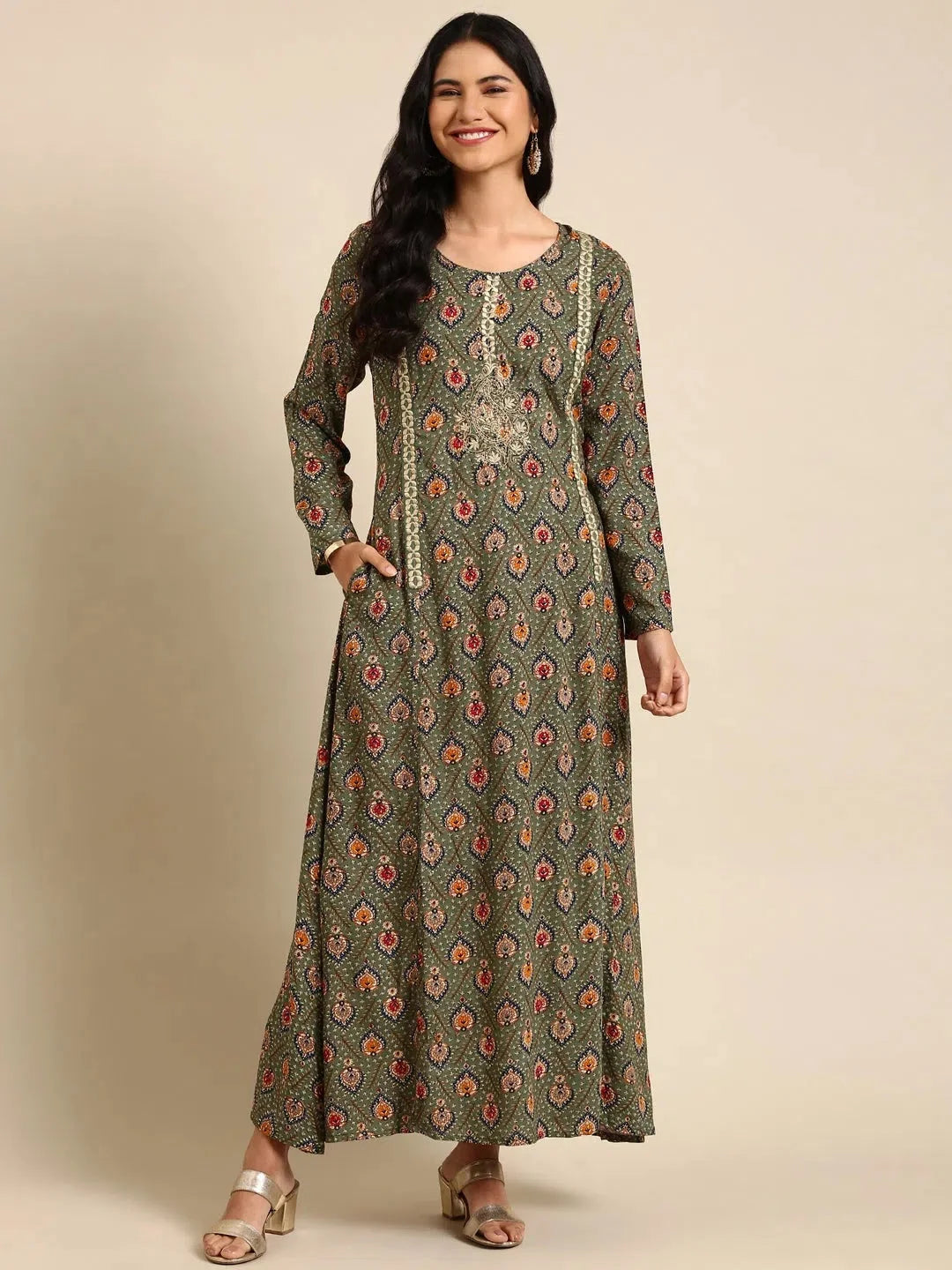 Green Printed Viscose Anarkali Kurti | DesiQlo Anarkali Dress