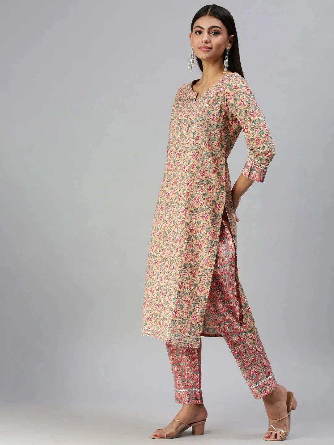 Beige Printed Kurta Sets - Women's Cotton Kurta Sets