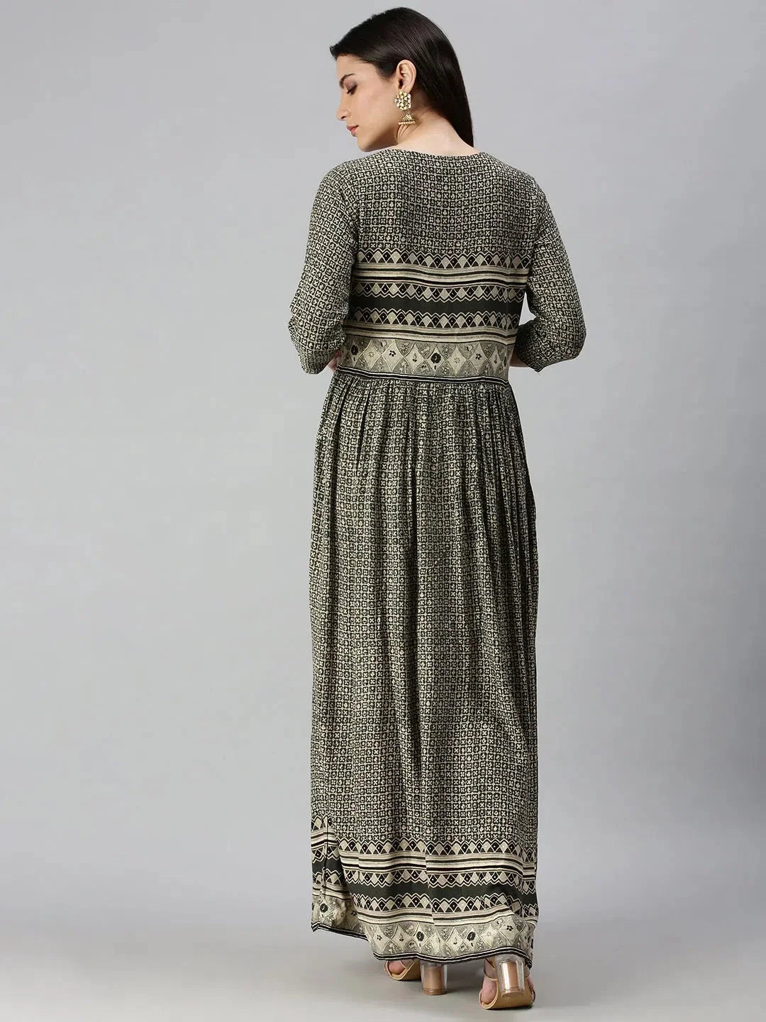 Olive Printed Cotton Anarkali Kurta | DesiQlo Anarkali Gown