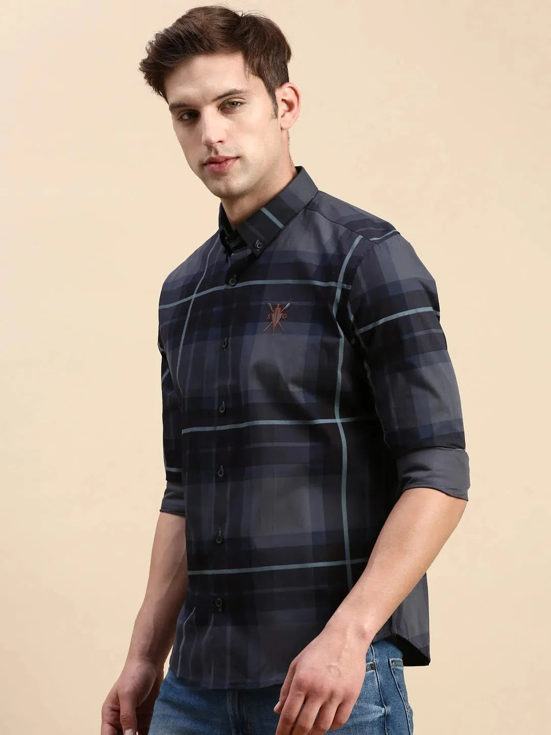 Trending Navy Checked Mens Shirt - Cotton Casual Shirt | DesiQlo