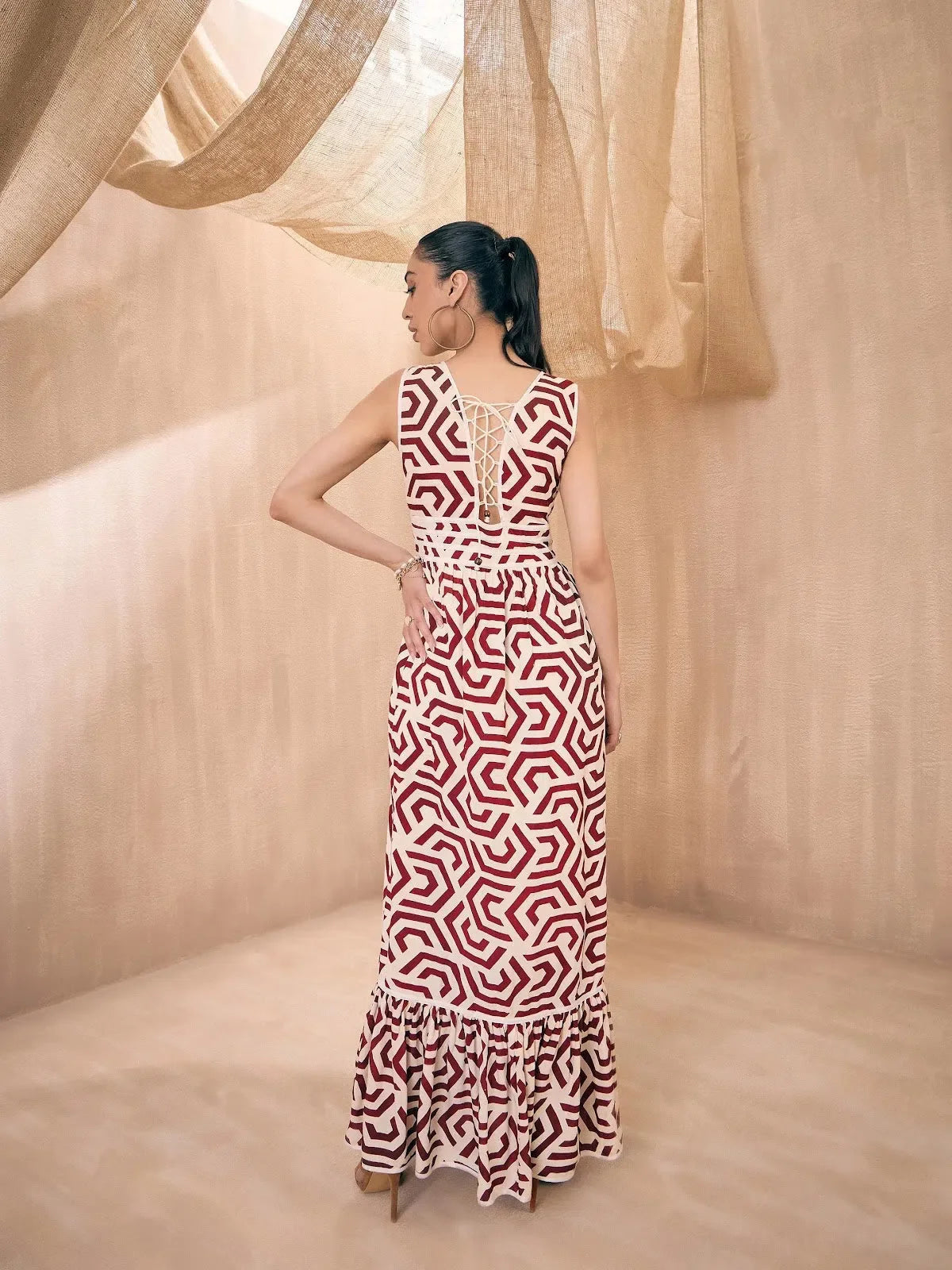 Maroon Geometric Maxi Dress | Women's Back-Tie Lehenga Style