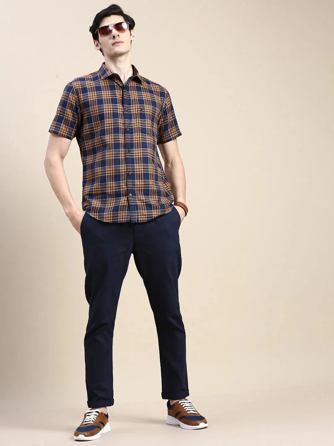 Navy Checkered Mens Shirt - Cotton Casual Shirt DesiQlo