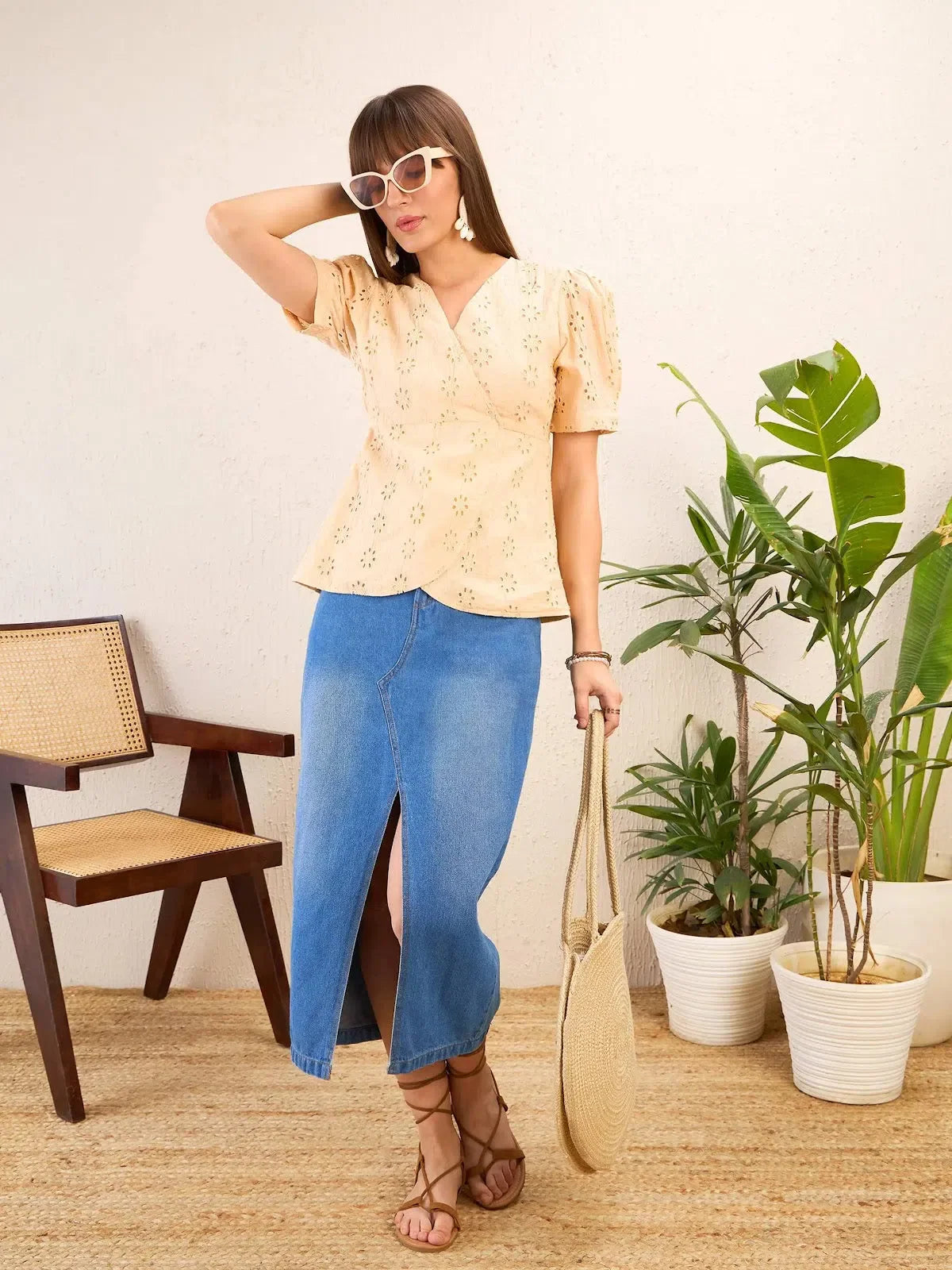 Beige Schiffli Wrap Peplum Top | Women's Western Outfits