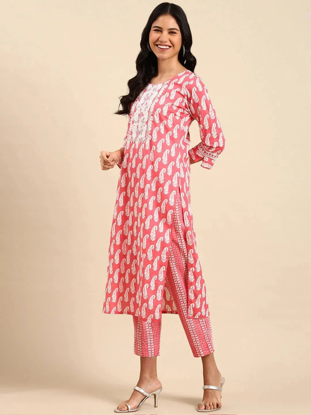 Pink Paisley Print Cotton Kurta Set | Women's Kurta Sets
