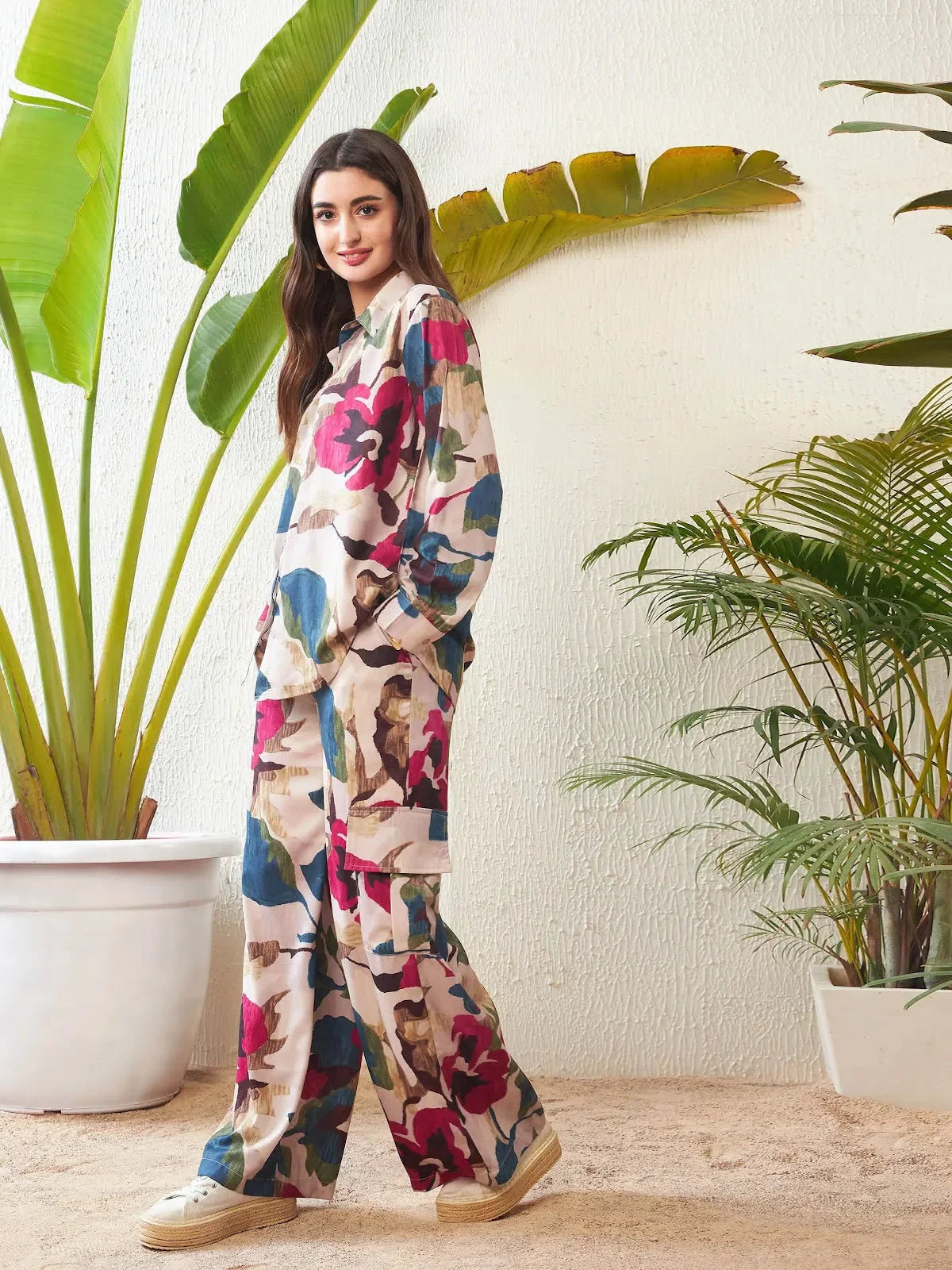Beige Floral Indian Suits - Oversize Shirt & Pocket Pants Set
