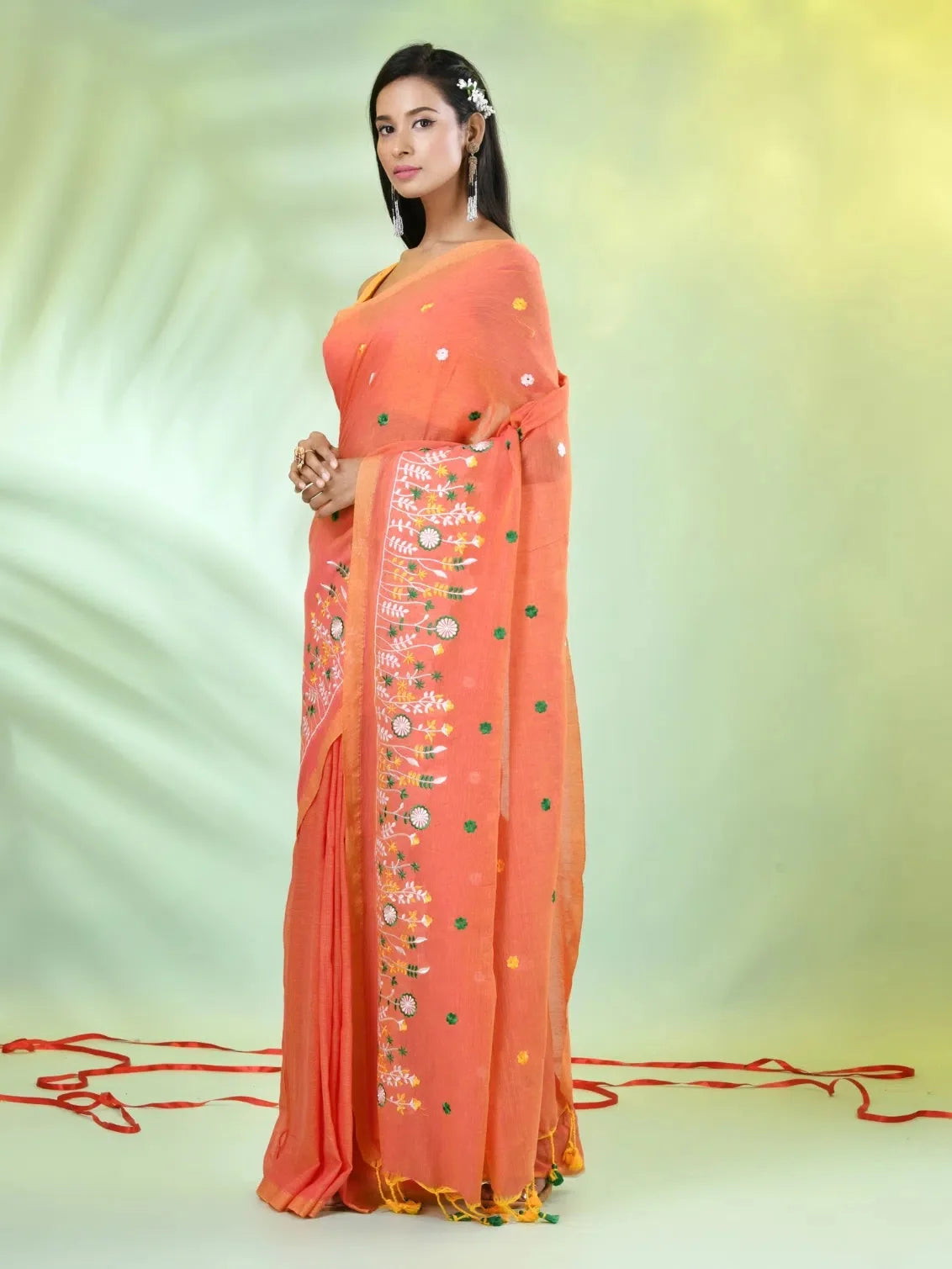 Orange Cotton Saree: Floral Embroidery | Designer Sarees India