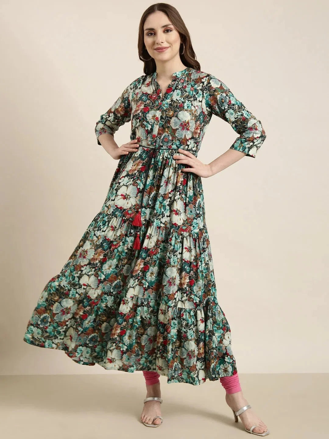 Teal Floral Anarkali Kurti for Women - Cotton Anarkali Dress
