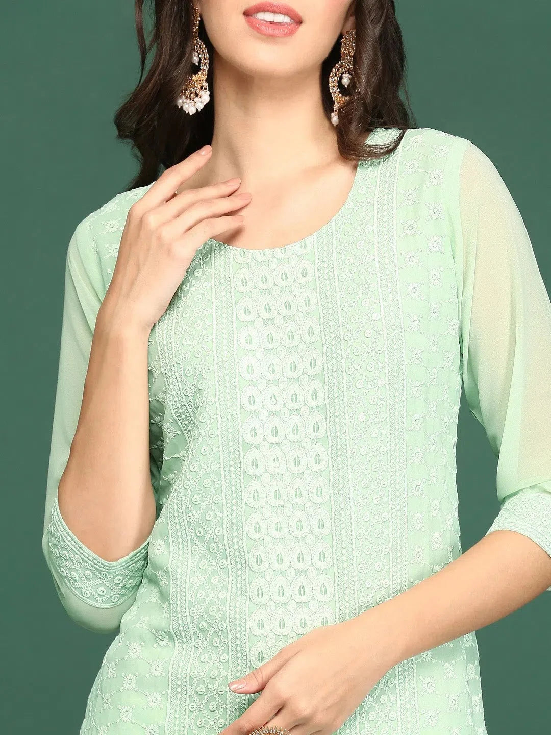 Sea Green Embellished Polyester Indian Kurta for Women