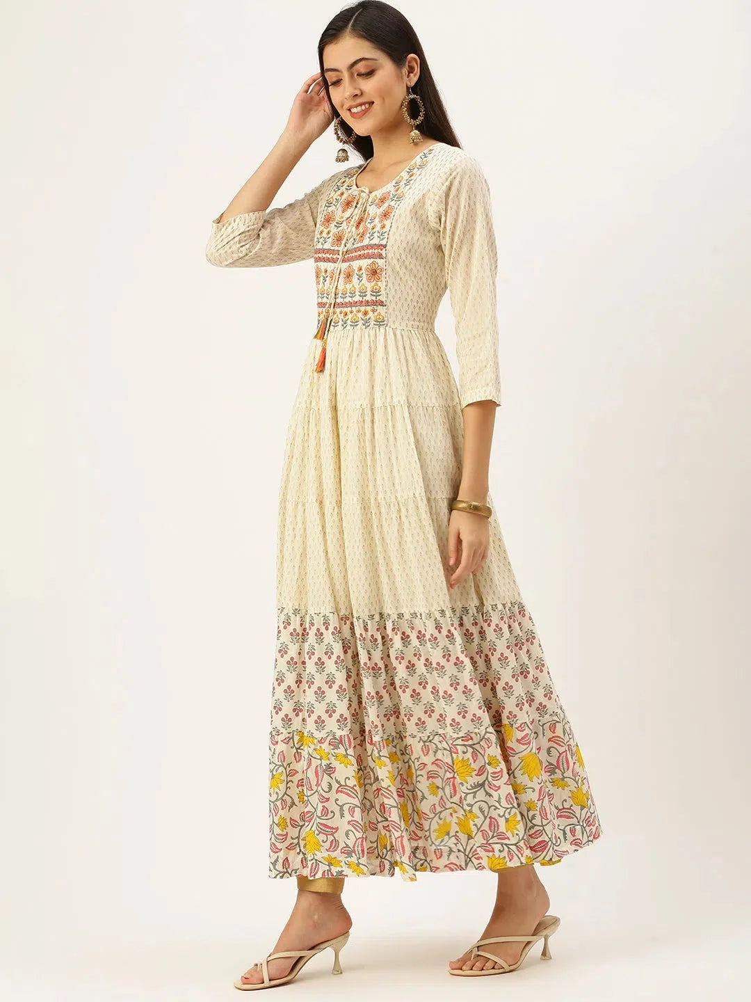Beige Printed Cotton Anarkali Kurti for Women | DesiQlo