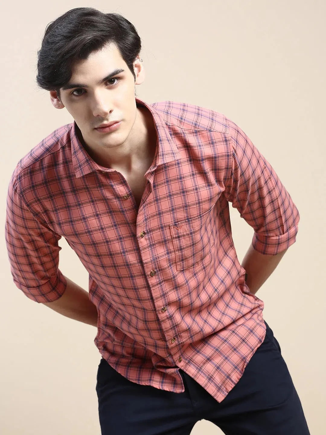 Men Coral Checked Casual Shirt-ALBACHECKS-78-Coral