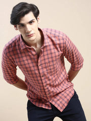 Men Coral Checked Casual Shirt-ALBACHECKS-78-Coral