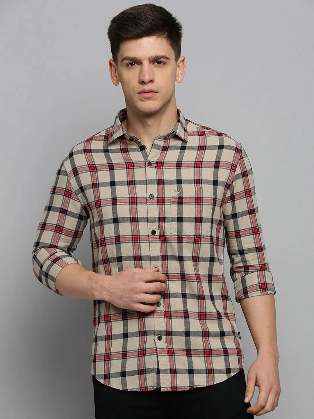 Beige Checked Mens Shirt - Cotton Casual Shirt
