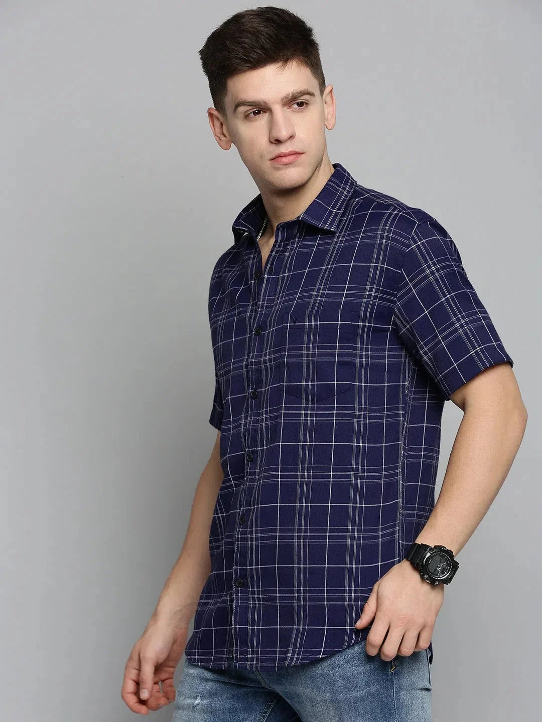 Men's Navy Checked Cotton Shirt | Casual & Stylish