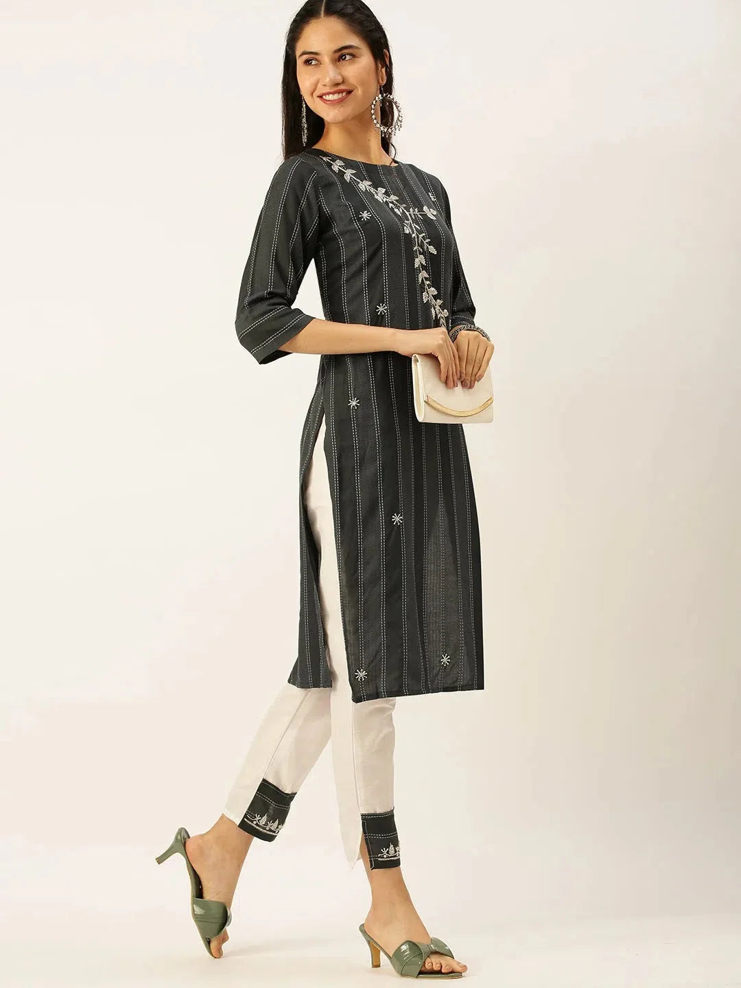 Women's Striped Kurta Set | Grey Cotton Indian Kurta Sets
