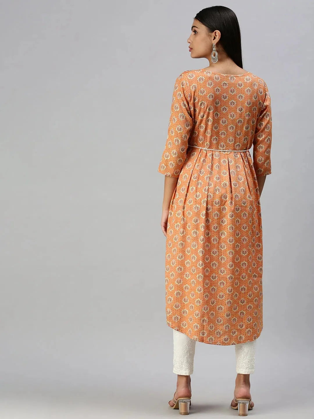 Orange Printed A-Line Indian Kurtis for Women - DesiQlo