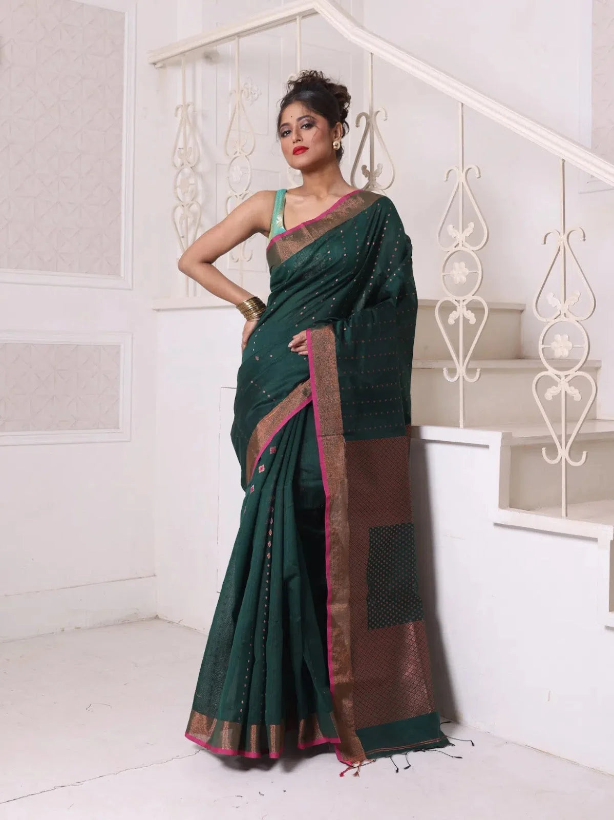 Forest Green Cotton Indian Sari with Zari - MA64BCT401380027