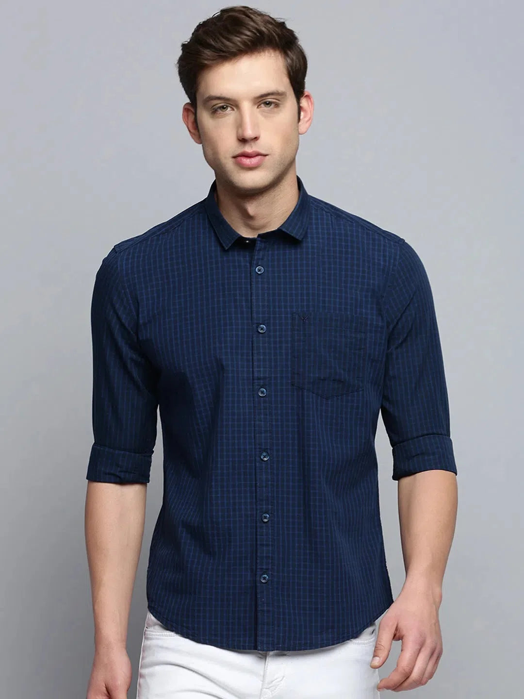 Men's Navy Checked Cotton Shirt | Casual Wear
