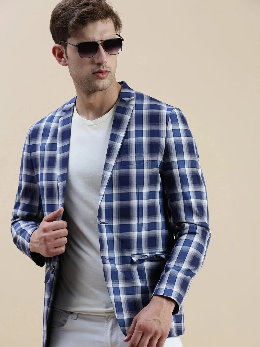 Blue Checked Cotton Blazer - Men's Ethnic Wear | DesiQlo