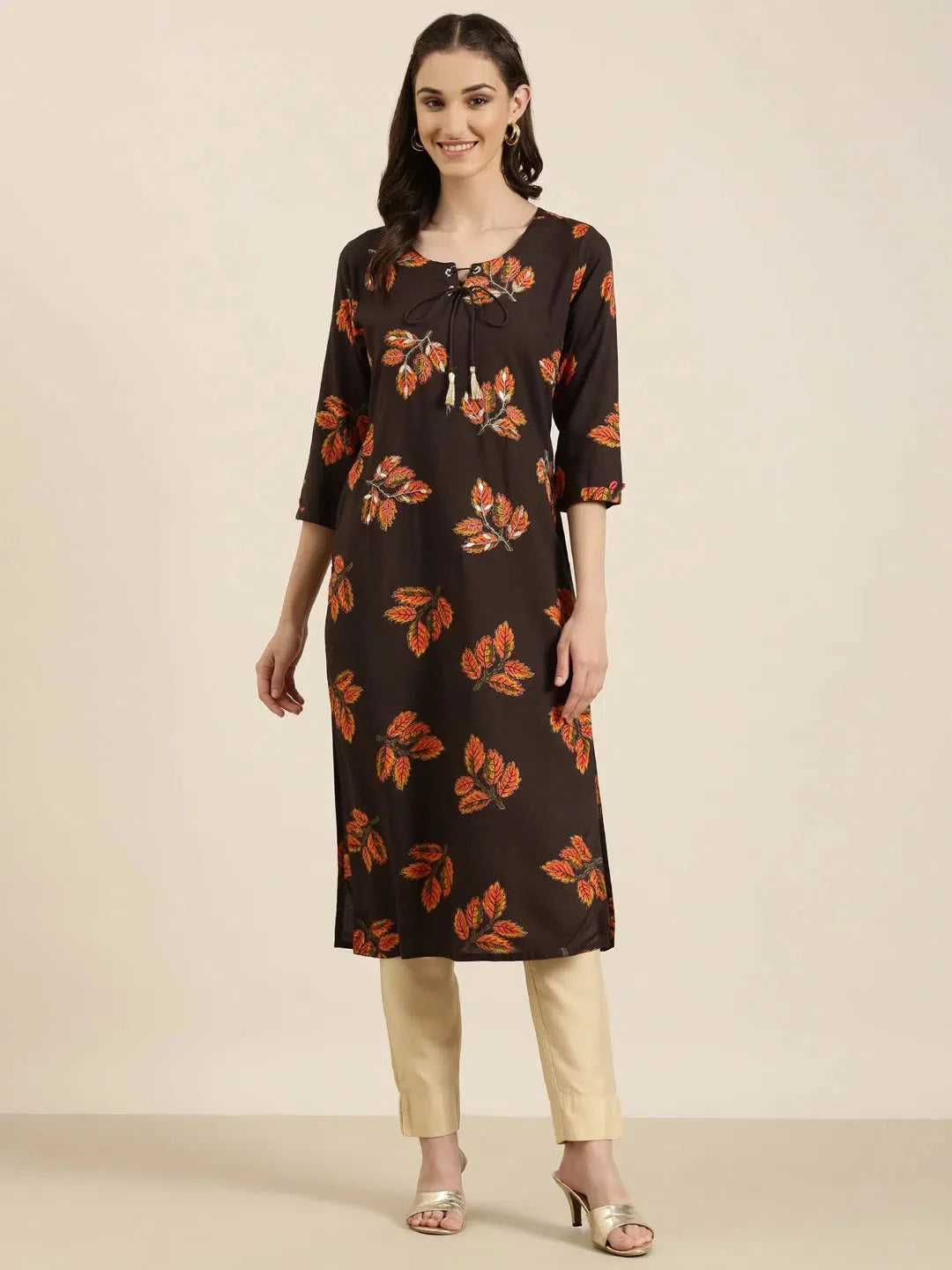 Coffee Brown Floral Kurta- Indian Kurtas for Ladies Online