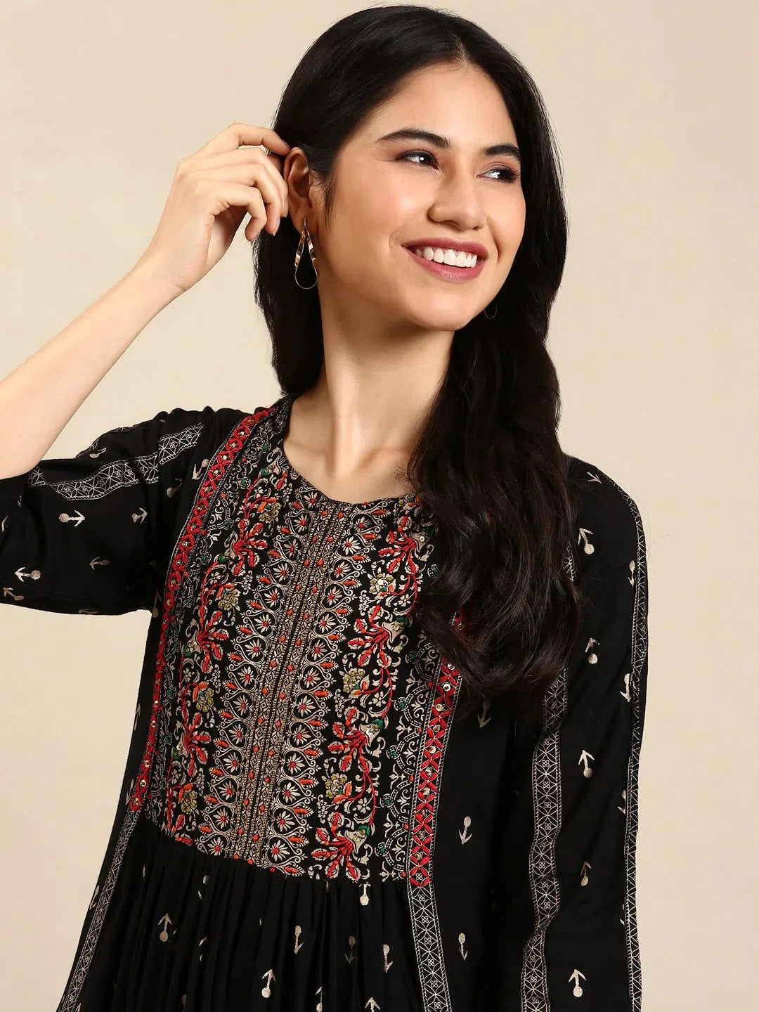 Black Printed Cotton Anarkali Kurti - Anarkali Kurtis for Women