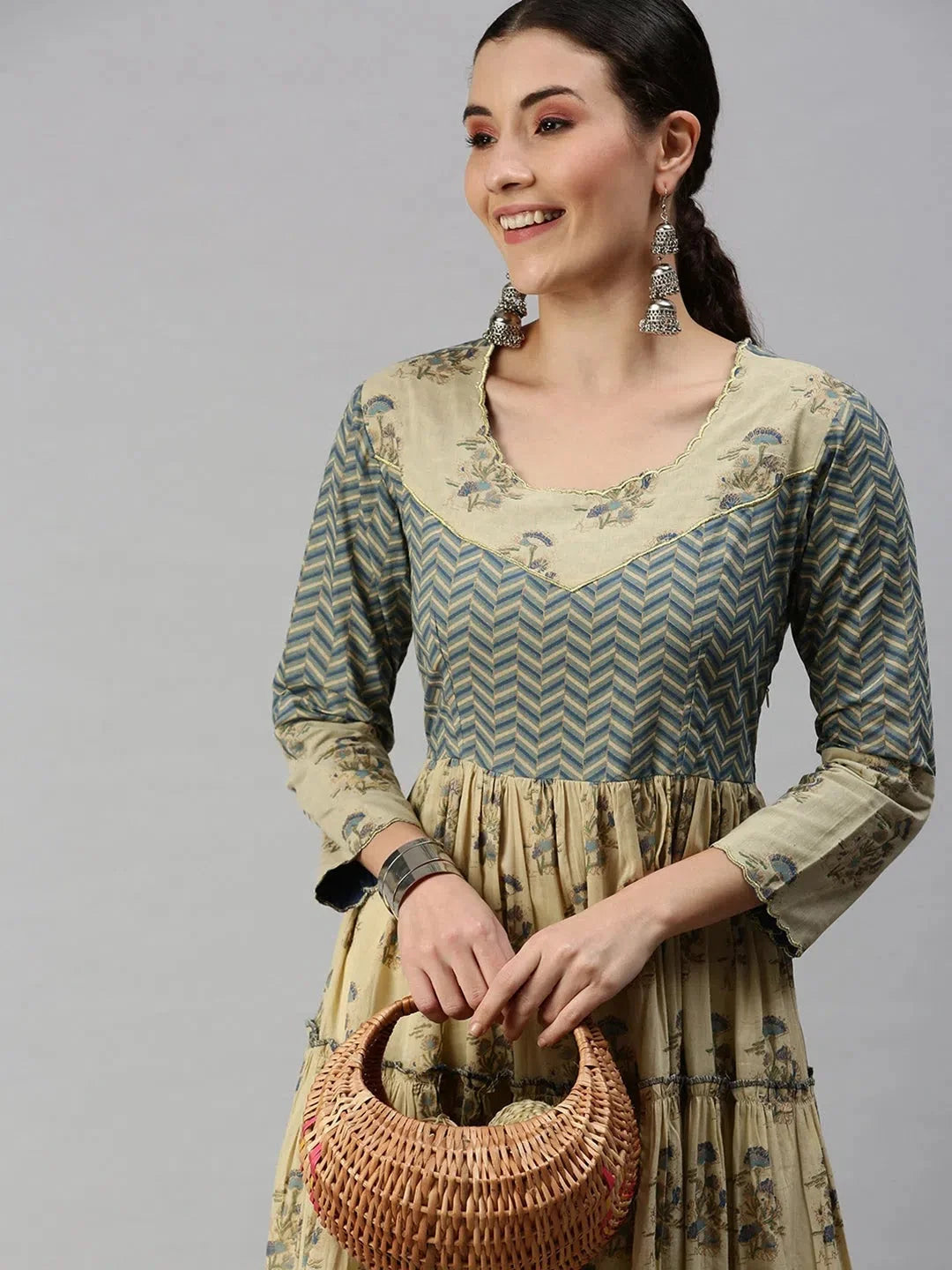 Beige & Blue Printed Anarkali Kurta- Women's Anarkali Gown