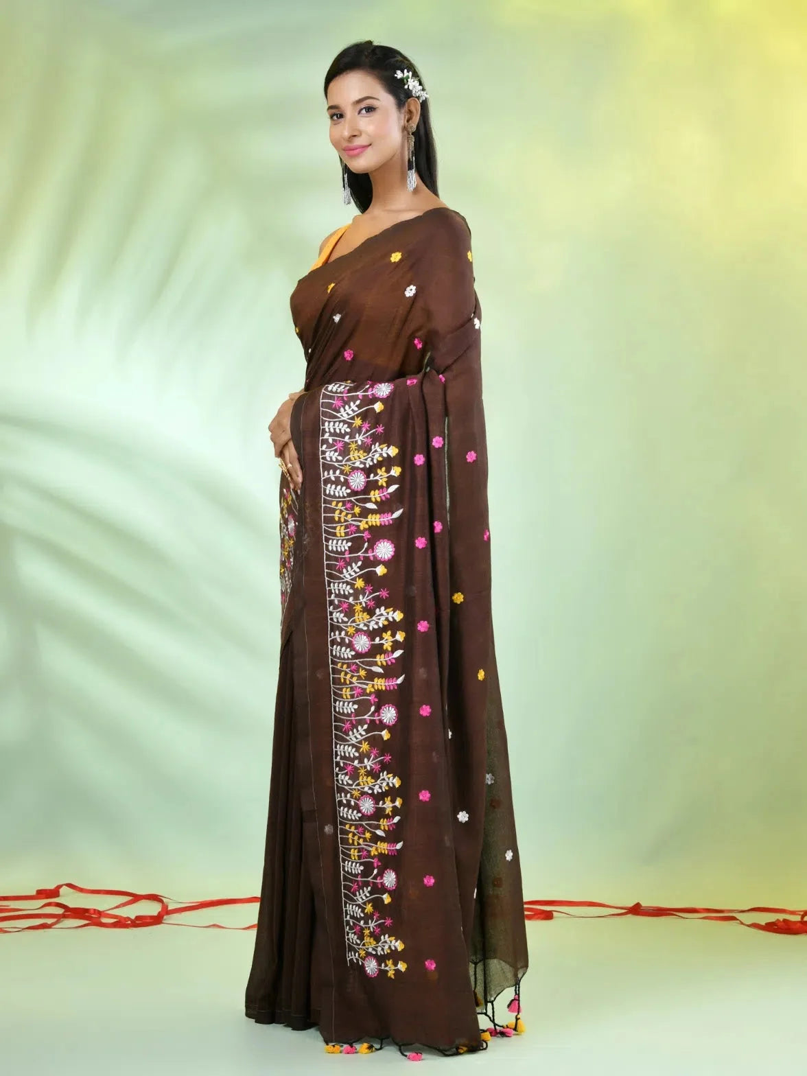 Brown Floral Embroidered Cotton Saree | Indian Sari