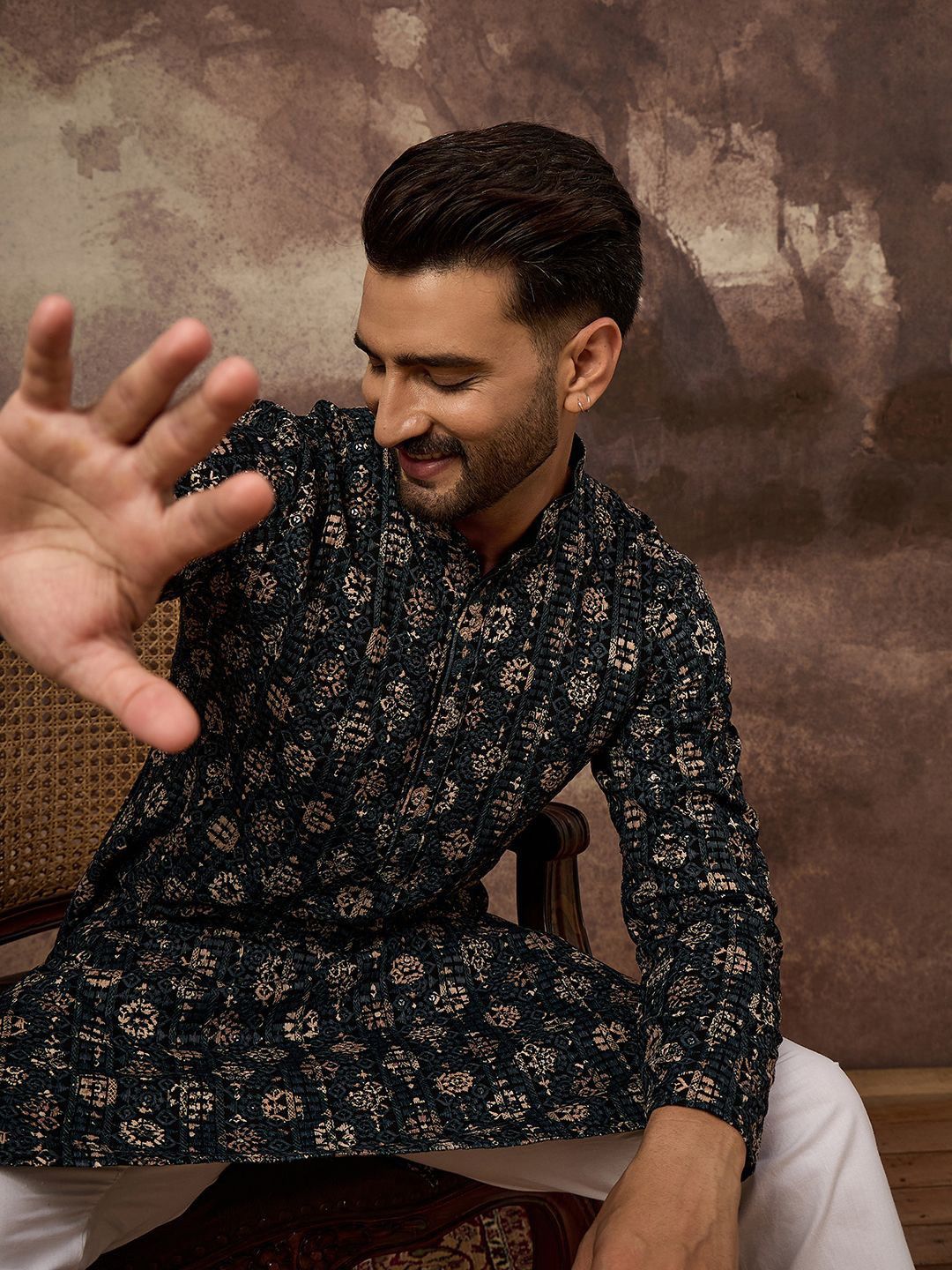 Ethnic Bay Men Black Viscose Rayon Geometric Embroidered Straight Kurta With Pant Set-MKSET1403