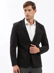 Men Notched Lapel Solid Black Blazer-AR-CODDKNIT-Black