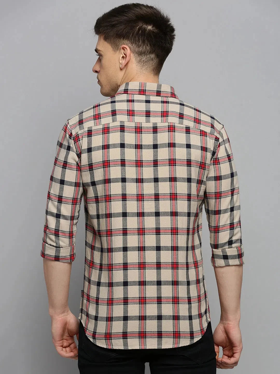 Beige Checked Mens Shirt - Cotton Casual Shirt