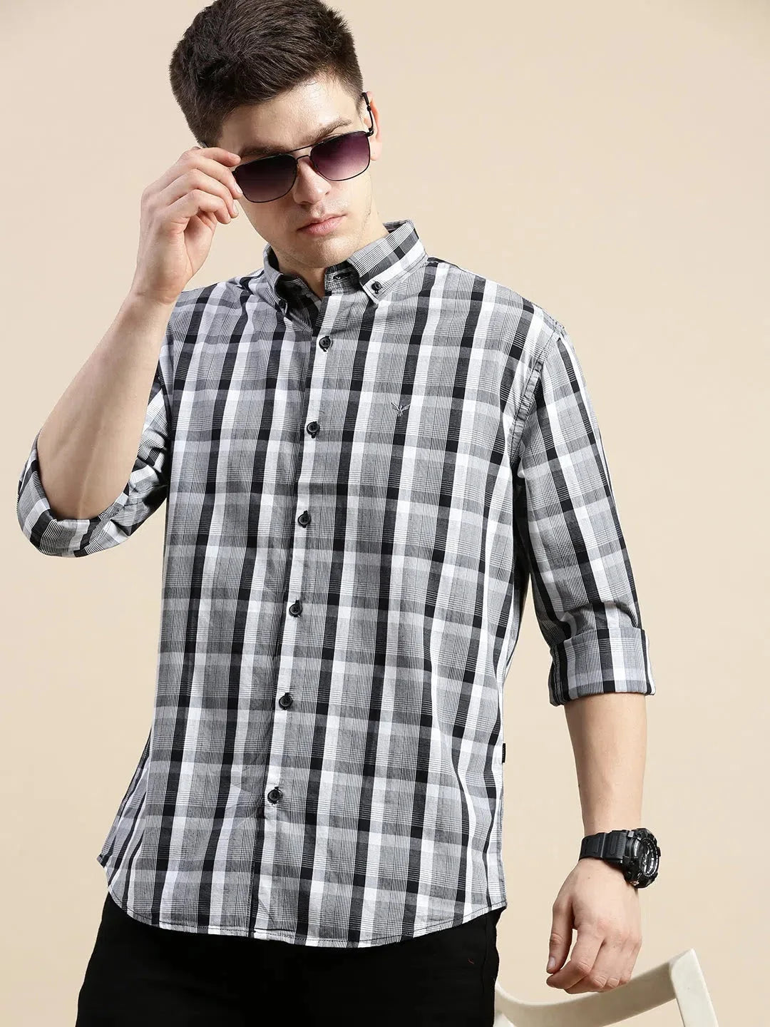 Men Grey Checked Casual Shirt-GROVER-1123-Grey