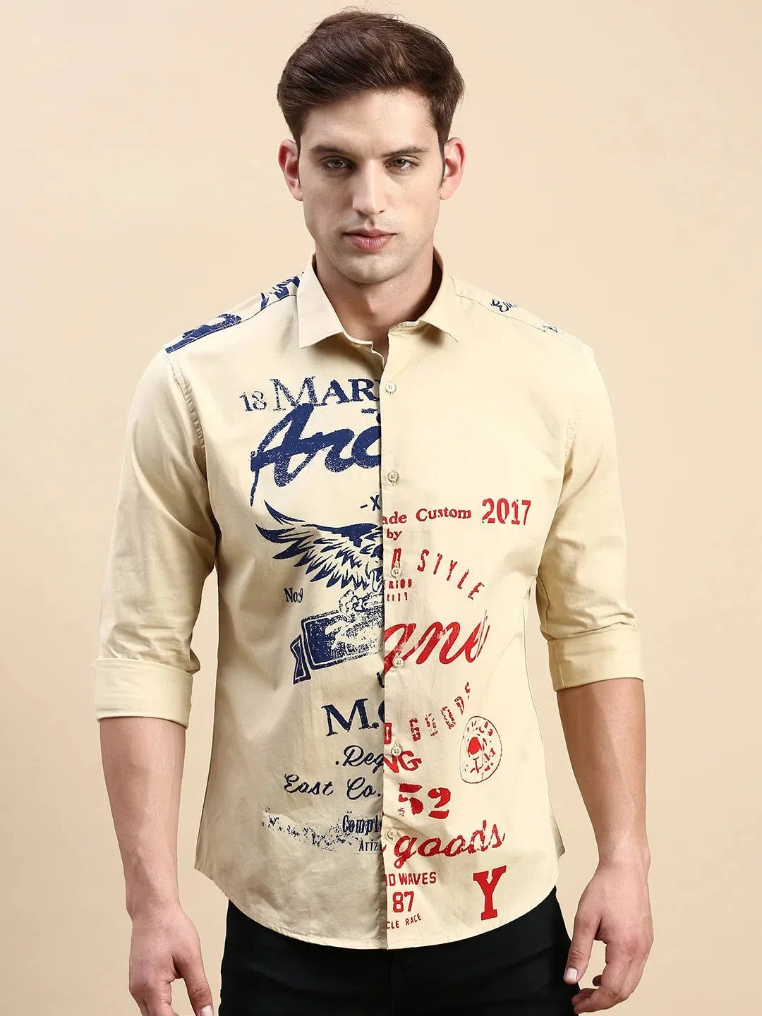 Khaki Printed Mens Shirt | Cotton Casual Shirts DesiQlo