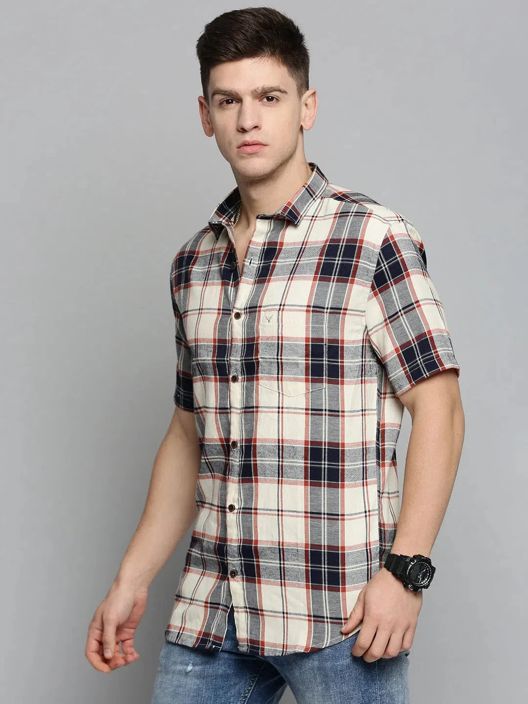Men's Beige Checked Cotton Shirt | Casual Shirts | DesiQlo