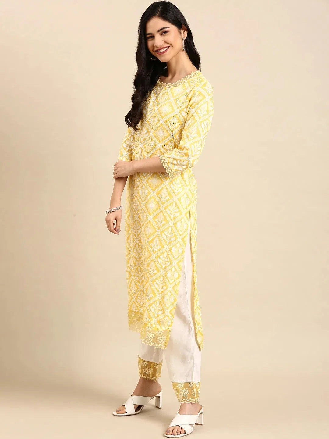 Yellow Printed Women's Indian Kurta Sets | Cotton