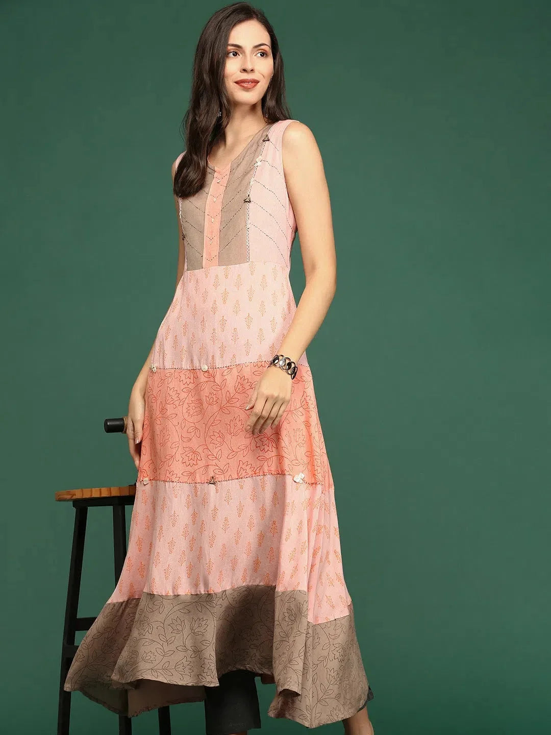 Peach Colorblock Anarkali Kurta - Cotton Anarkali Kurti Online