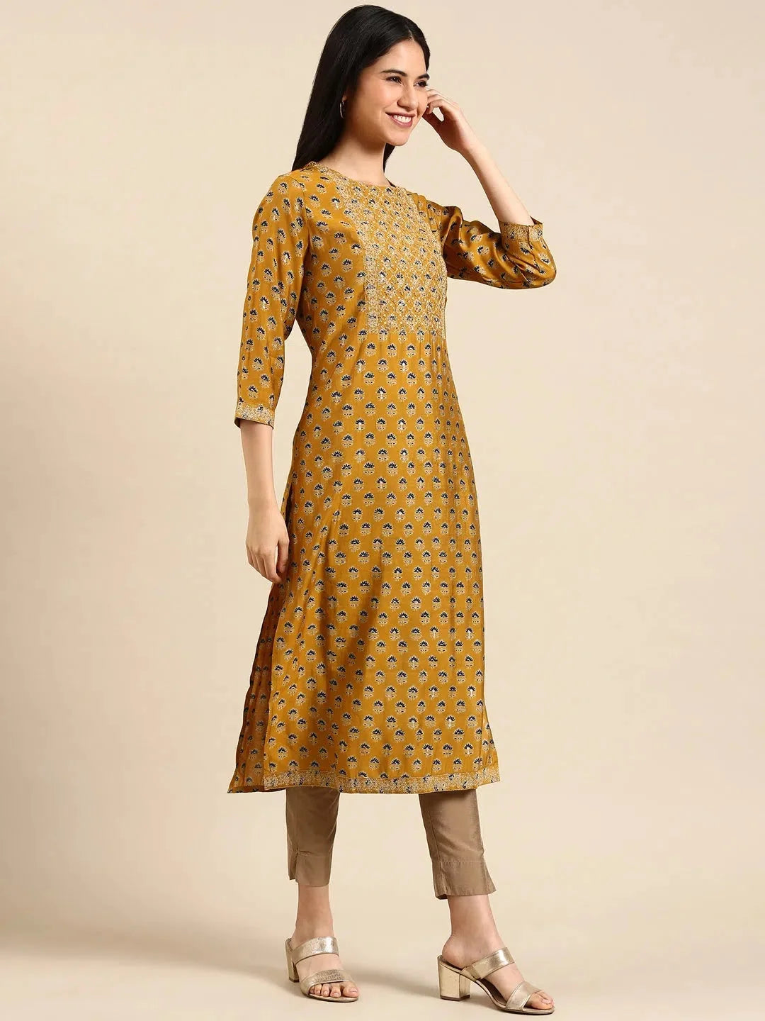 Yellow Printed Polyester Kurta: Women's Indian Kurta Style
