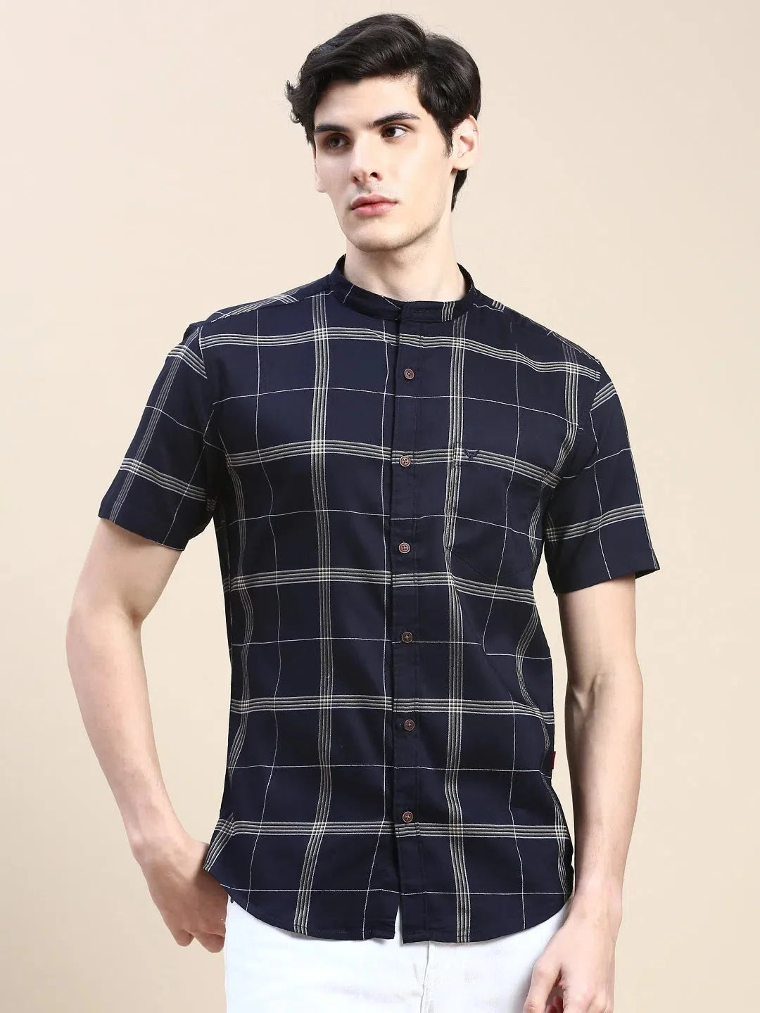 Men's Navy Checked Shirt - Cotton Casual Shirt | DesiQlo