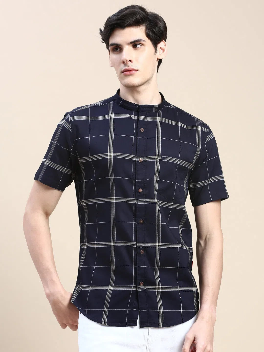 Men's Navy Checked Shirt - Cotton Casual Shirt | DesiQlo