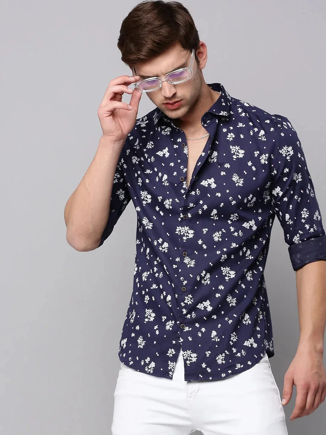 Navy Printed Mens Shirt - Viscose Casual Shirt | DesiQlo