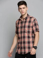 Men Pink Checked Casual Shirt-MAYACHECKS-4411-Peach