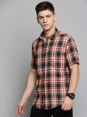 Men Pink Checked Casual Shirt-MAYACHECKS-4411-Peach