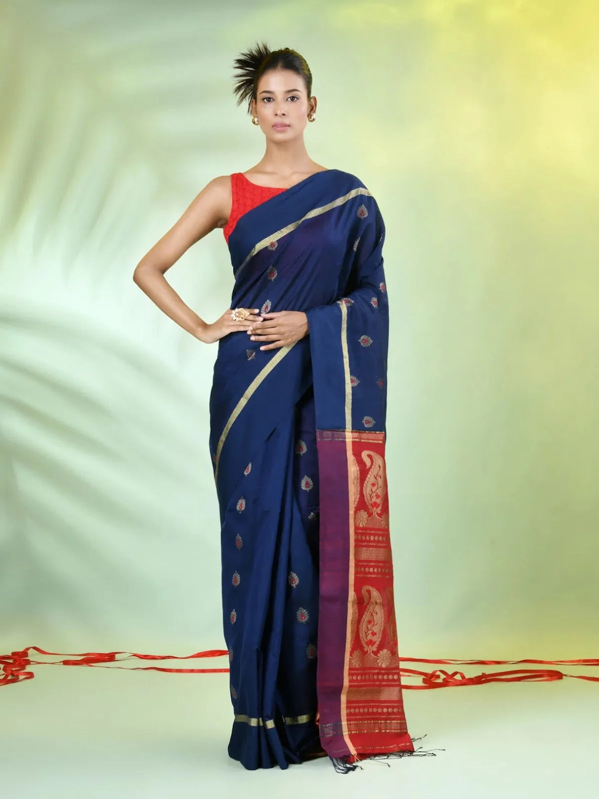 Red Cotton Saree With Zari Borders-MA64BCT401190052