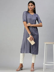 Women's Navy Blue Striped Straight Kurta-SNG2064-Navyblue