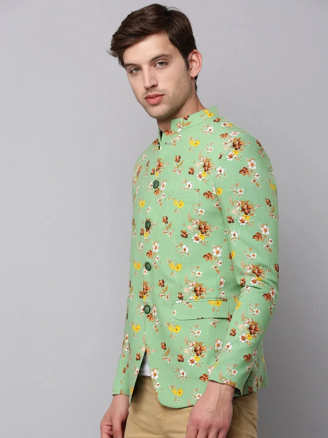 Men's Green Printed Blazer - Stylish Ethnic Nehru Jacket