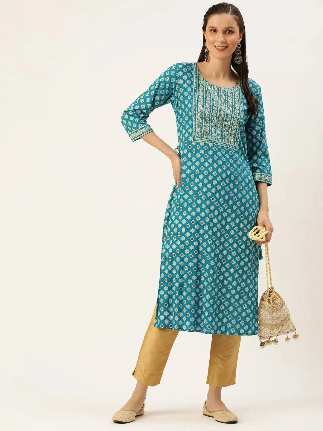 Women's Blue Cotton Indian Kurta | Printed Straight Kurtas