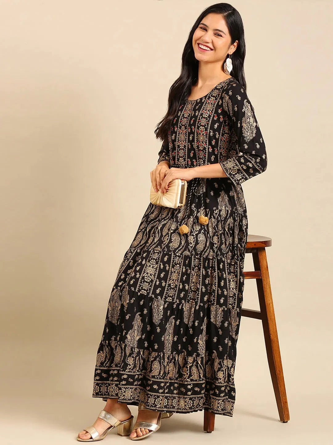 Black Printed Anarkali Kurta for Women - Cotton Anarkali Gown