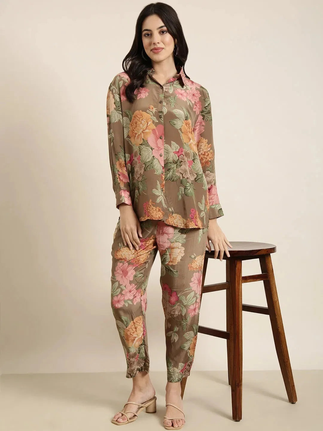 Women Oversized Green Printed Shirt & Trousers Set-DW-5088-Green