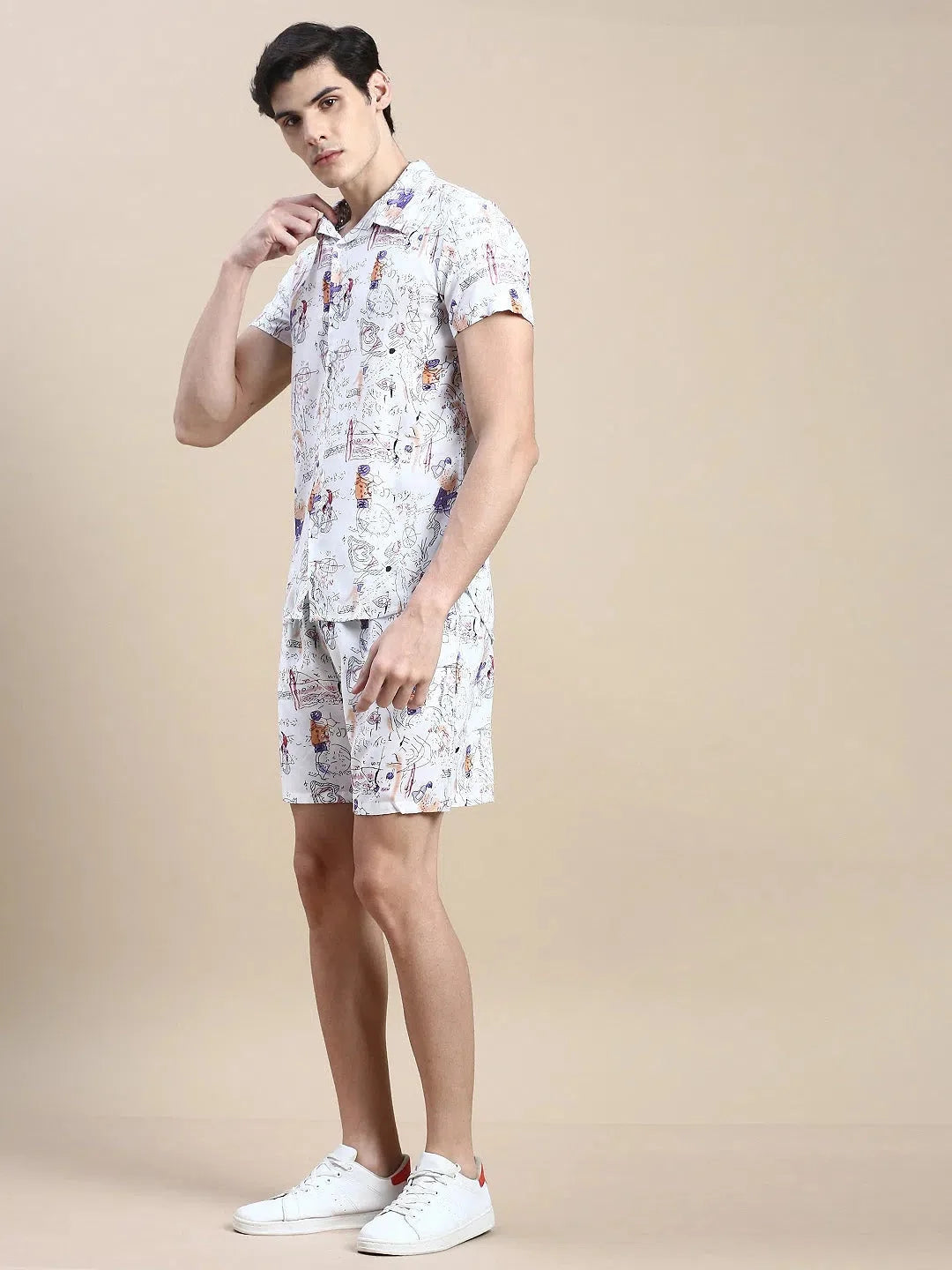 Men's White Printed Casual Co ord Set | Mens Two Piece Sets